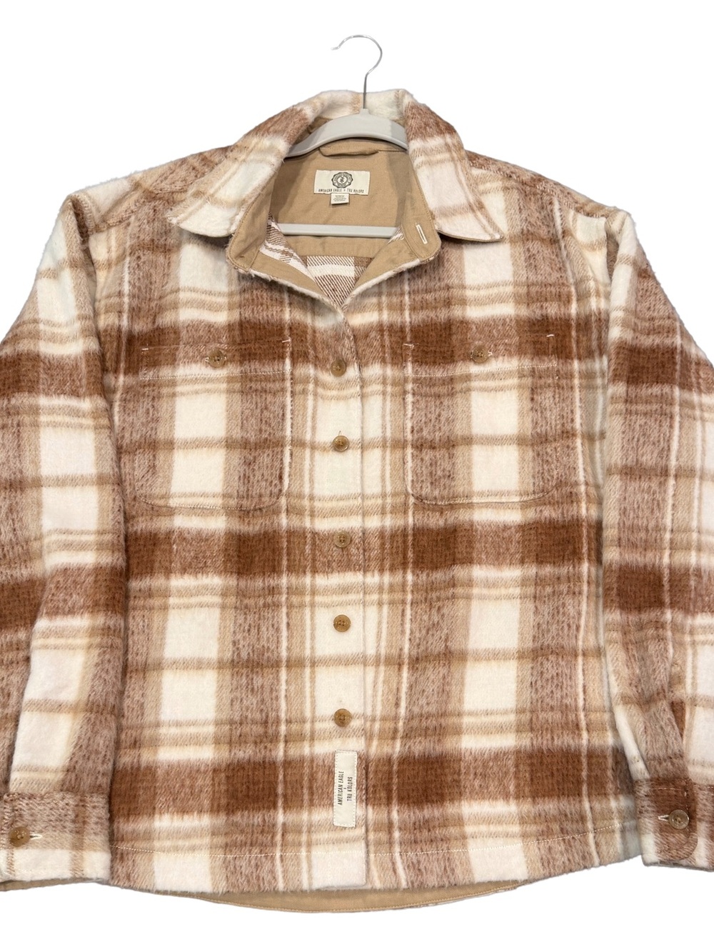 Travis Kelsey American Eagle Brown & Cream Plaid Shirt Faux Furry Jacket Shirt